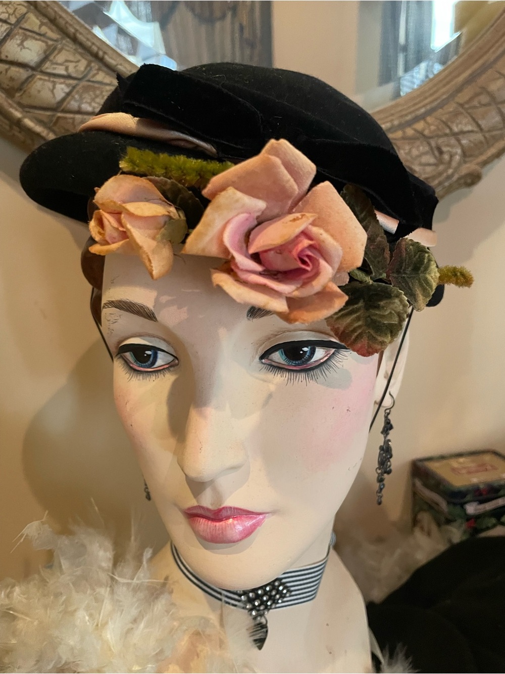 Black Velvet Women's Hat with Pink Rose Trim